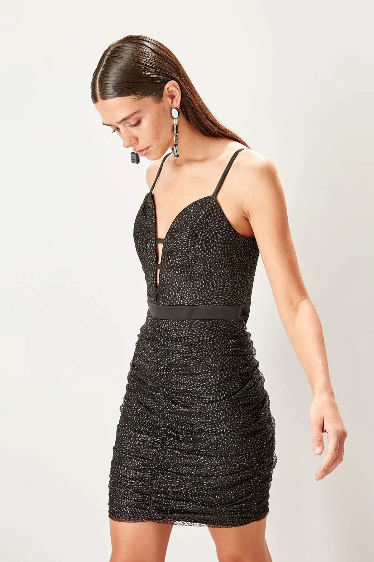 10854 Black Silvery Draped Strap Dress