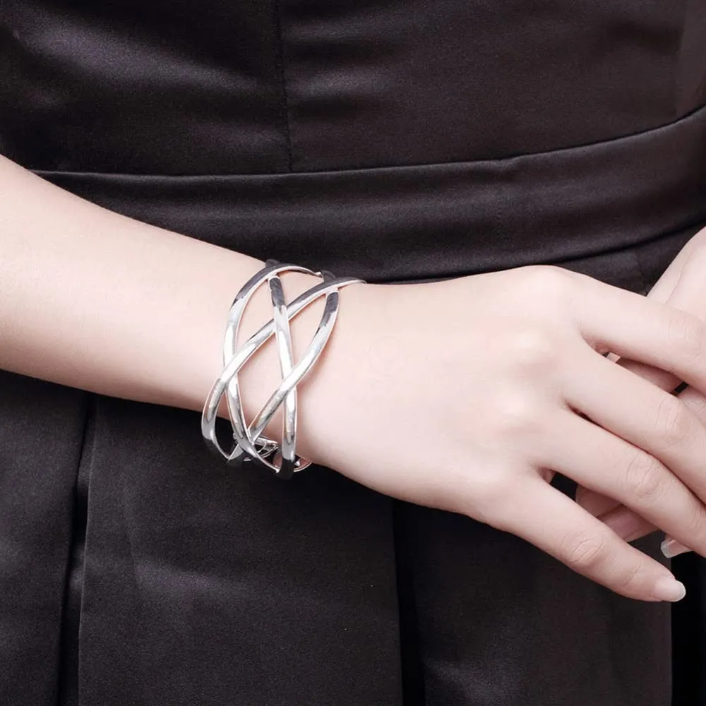 925 Sterling Silver Bracelet Plated Cuff Bangle Bracelet Fashionable Multi-layer Cross Wire Bangle Bracelet Open Adjustable Wide Cuff Bracelet for Teen Girls Fashion Jewelry (silver B)