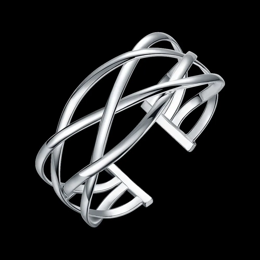925 Sterling Silver Bracelet Plated Cuff Bangle Bracelet Fashionable Multi-layer Cross Wire Bangle Bracelet Open Adjustable Wide Cuff Bracelet for Teen Girls Fashion Jewelry (silver B)