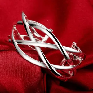 925 Sterling Silver Bracelet Plated Cuff Bangle Bracelet Fashionable Multi-layer Cross Wire Bangle Bracelet Open Adjustable Wide Cuff Bracelet for Teen Girls Fashion Jewelry (silver B)