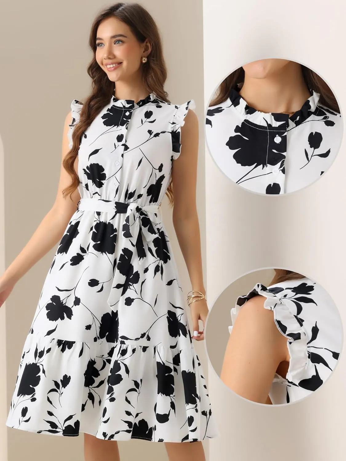 Allegra K Floral Dresses for Women's Sleeveless Ruffle Neck Half Placket Elastic Waist Midi Dress