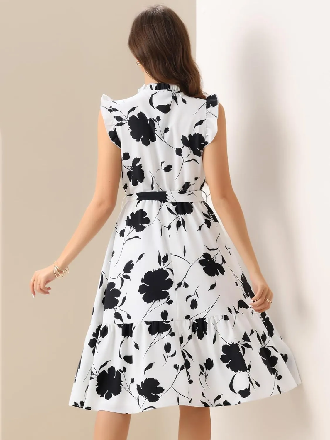 Allegra K Floral Dresses for Women's Sleeveless Ruffle Neck Half Placket Elastic Waist Midi Dress