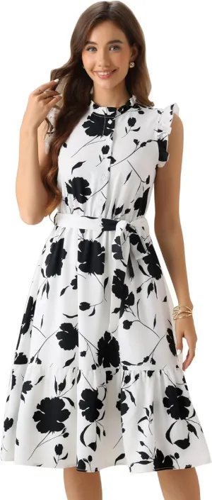 Allegra K Floral Dresses for Women's Sleeveless Ruffle Neck Half Placket Elastic Waist Midi Dress