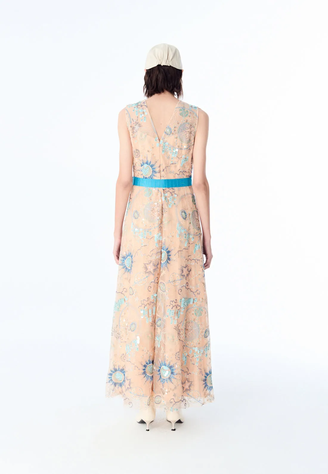 Beige Embroidered Sleeveless with Blue Ribbon Dress