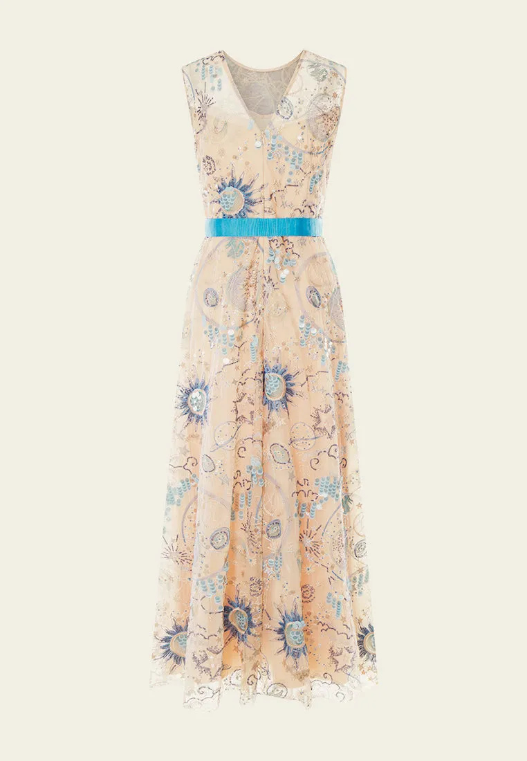 Beige Embroidered Sleeveless with Blue Ribbon Dress