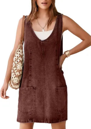 BerryGo Women's Denim V Neck Sleeveless Overall Dress Casual Mini Pinafore Dress Short Jumper Jeans Dress with Pocket