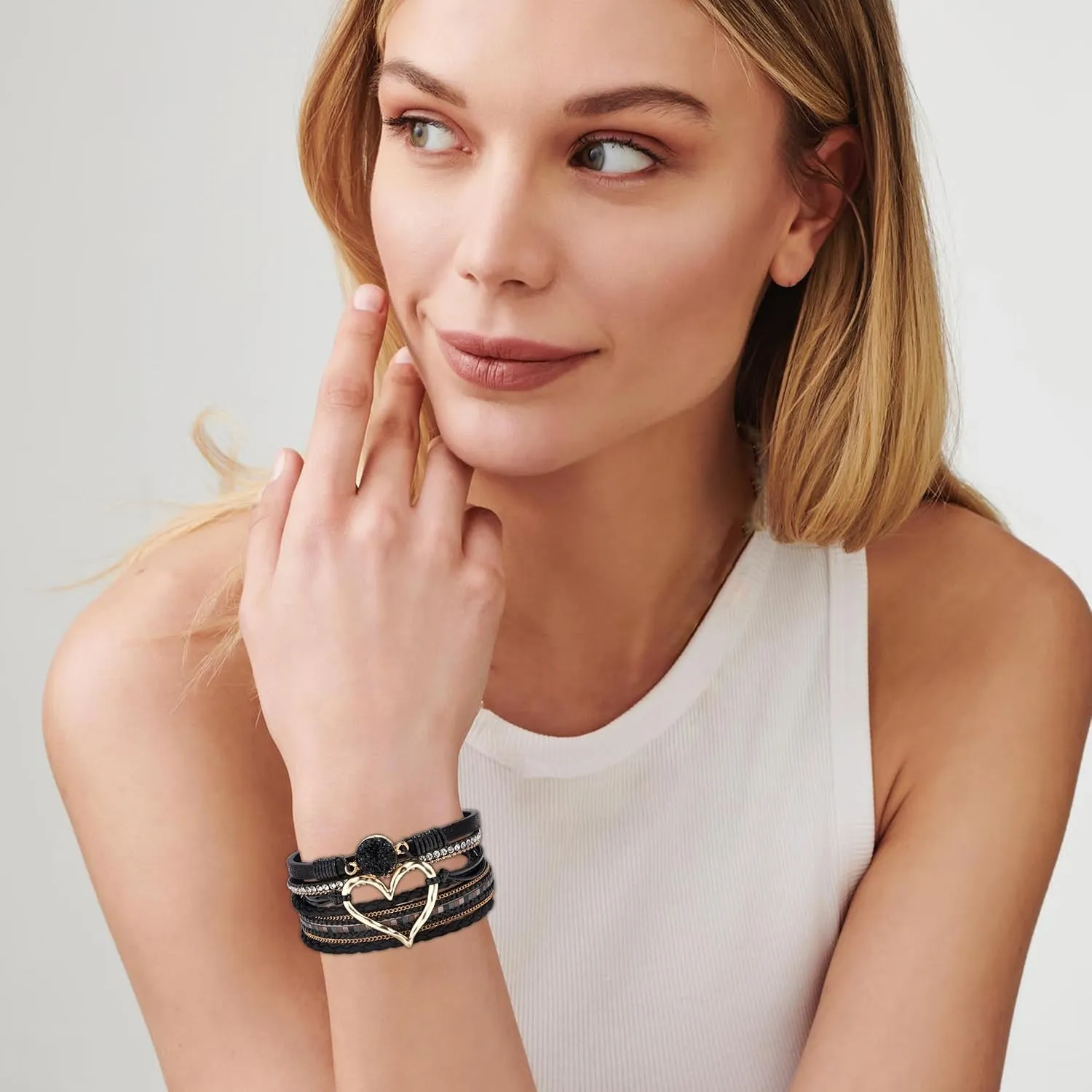 choice of all Boho Bracelets for Women Heart Bracelets for Women Leather Warp Bracelet Layered Heart Leather Chunky Bangle Stack Trendy Jewelry Birthday Gifts