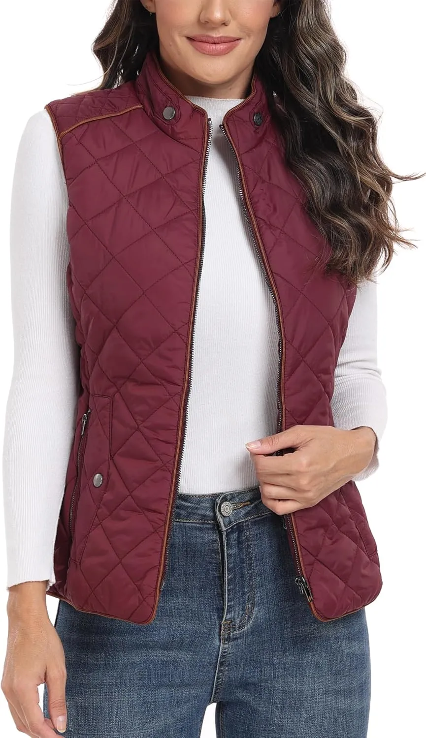 Dilgul Women Padded Vest Stand Collar Zip Up Trendy Puffer Lightweight Quilted Vest