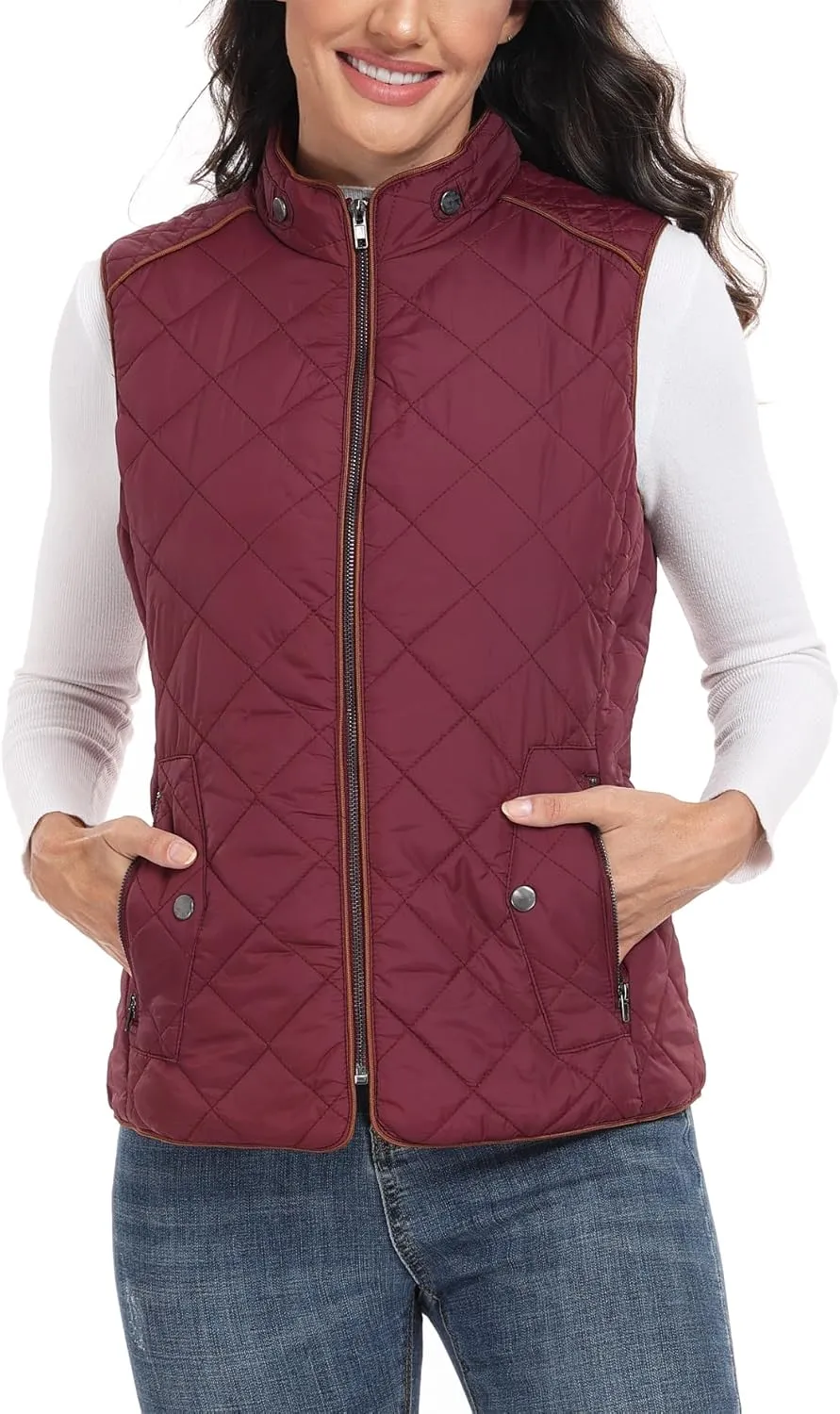 Dilgul Women Padded Vest Stand Collar Zip Up Trendy Puffer Lightweight Quilted Vest