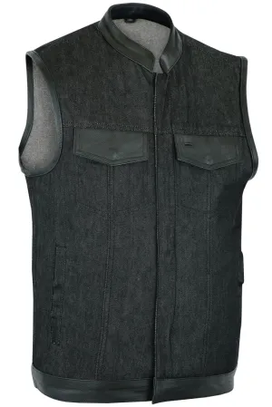DM962 Men's Rough Rub-Off Raw Finish Denim Vest W/Leather Trim - Scoo