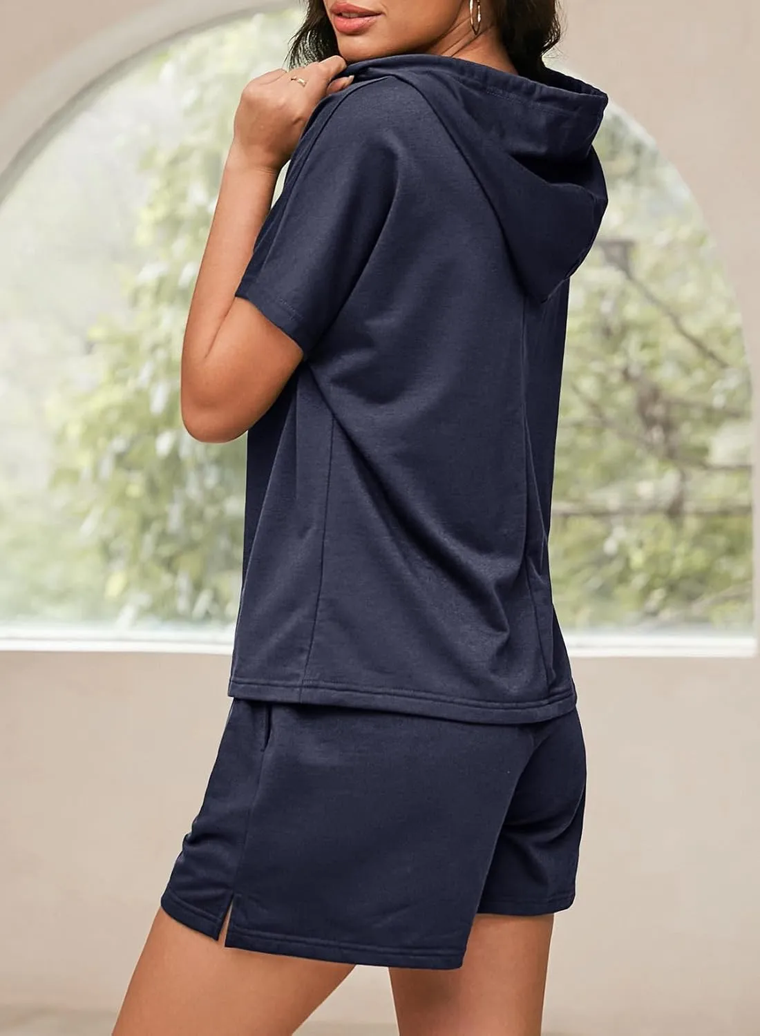 Dokotoo Women's 2 Piece Outfits Summer Sweatsuit Short Sleeve Drawstring Hoodies and Lounge Sets With Pocket