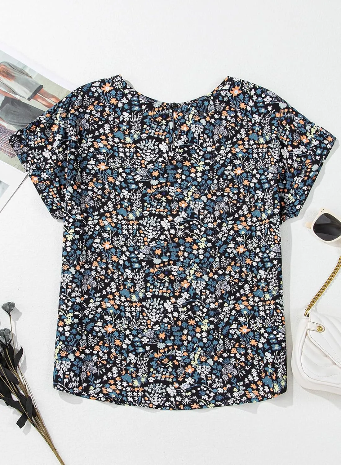 Dokotoo Women's Casual Crewneck Boho Short Sleeve Shirts 2025 Summer Floral Print Chiffon Blouses Bohemian Top Shirts