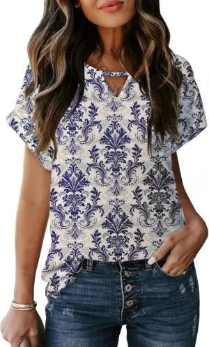 Dokotoo Women's Casual Crewneck Boho Short Sleeve Shirts 2025 Summer Floral Print Chiffon Blouses Bohemian Top Shirts