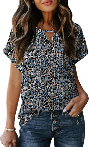 Dokotoo Women's Casual Crewneck Boho Short Sleeve Shirts 2025 Summer Floral Print Chiffon Blouses Bohemian Top Shirts