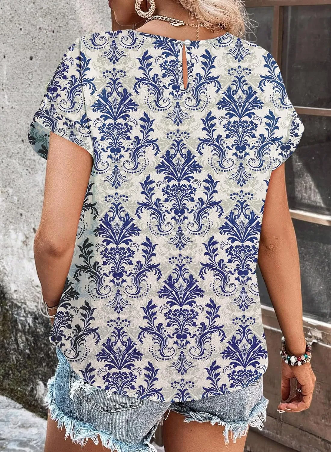Dokotoo Women's Casual Crewneck Boho Short Sleeve Shirts 2025 Summer Floral Print Chiffon Blouses Bohemian Top Shirts