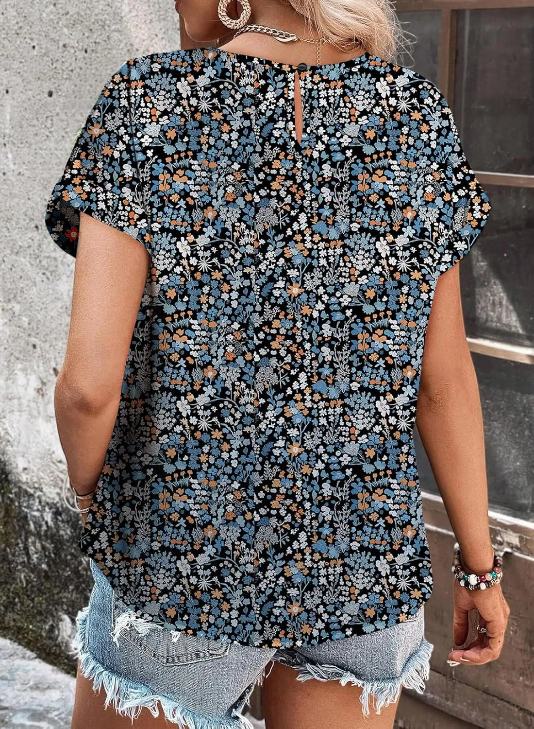 Dokotoo Women's Casual Crewneck Boho Short Sleeve Shirts 2025 Summer Floral Print Chiffon Blouses Bohemian Top Shirts
