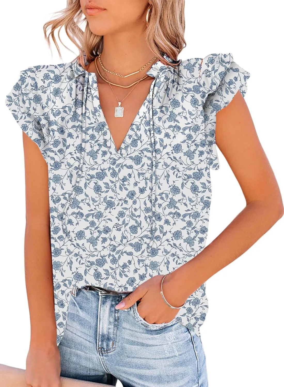 Dokotoo Women's Casual V Neck Tops Drawstring Short Sleeve T Shirt Blouses