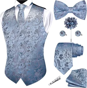 GUSLESON Formal Men Vest Paisley Floral Jacquard Tie Waistcoat Bow tie Hanky Lapel Pin Cufflinks Set Wedding 7PCS
