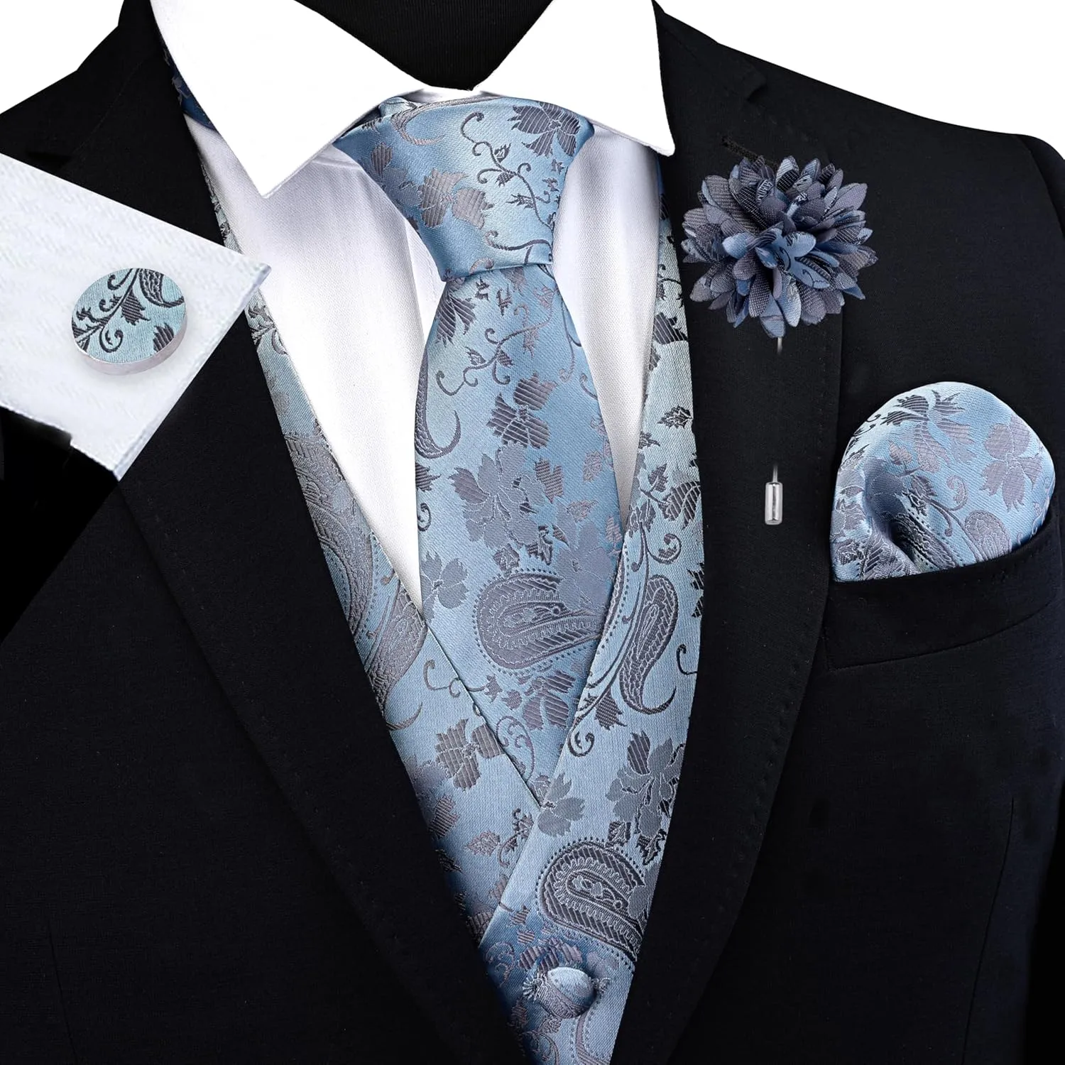 GUSLESON Formal Men Vest Paisley Floral Jacquard Tie Waistcoat Bow tie Hanky Lapel Pin Cufflinks Set Wedding 7PCS
