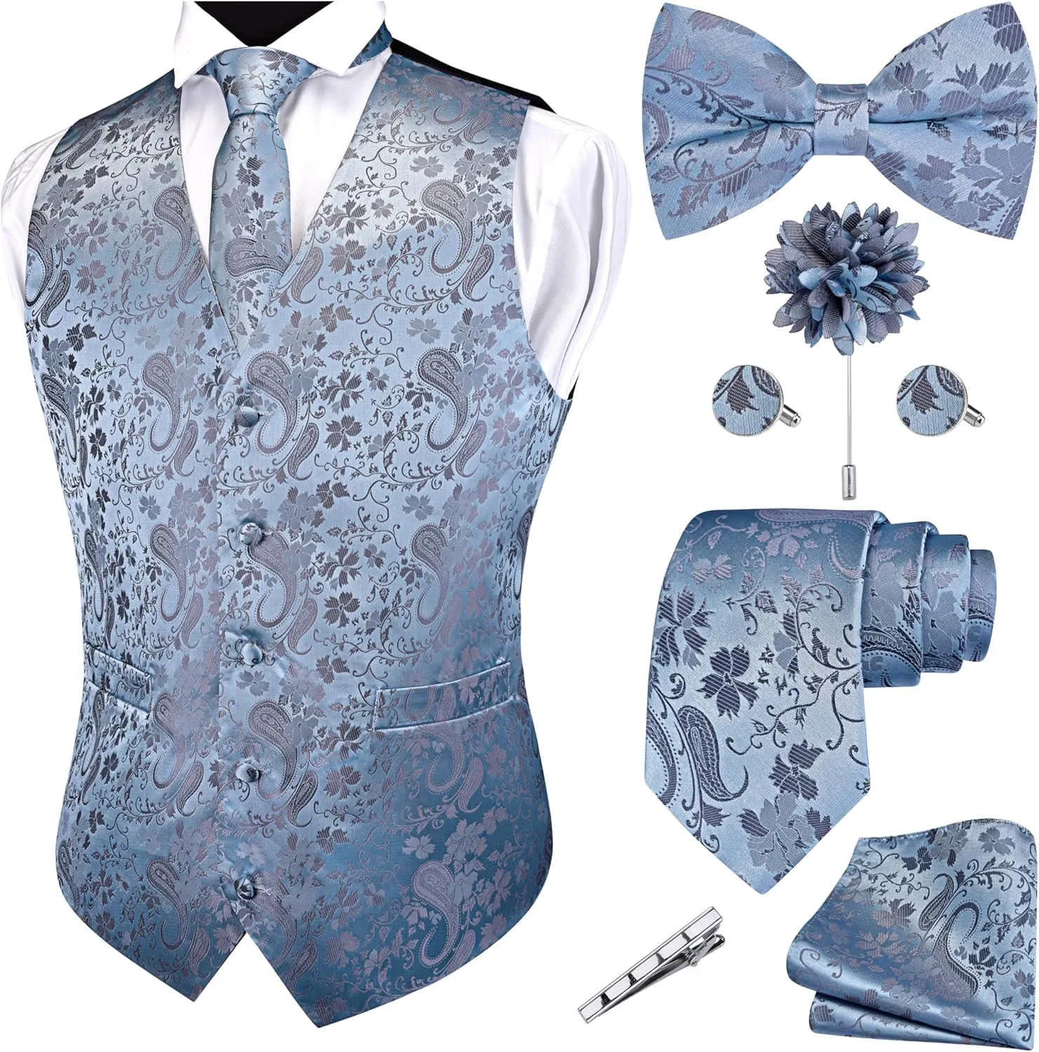 GUSLESON Formal Men Vest Paisley Floral Jacquard Tie Waistcoat Bow tie Hanky Lapel Pin Cufflinks Set Wedding 7PCS