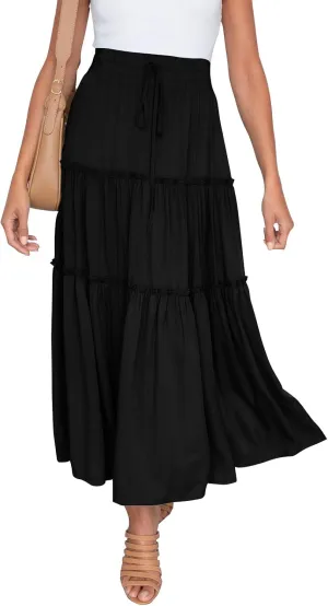 HAEOF Womens Summer Flowy Boho Midi Maxi Skirt Elastic High Waist A Line Pleated Tiered Trendy Beach Long Skirts with Pockets