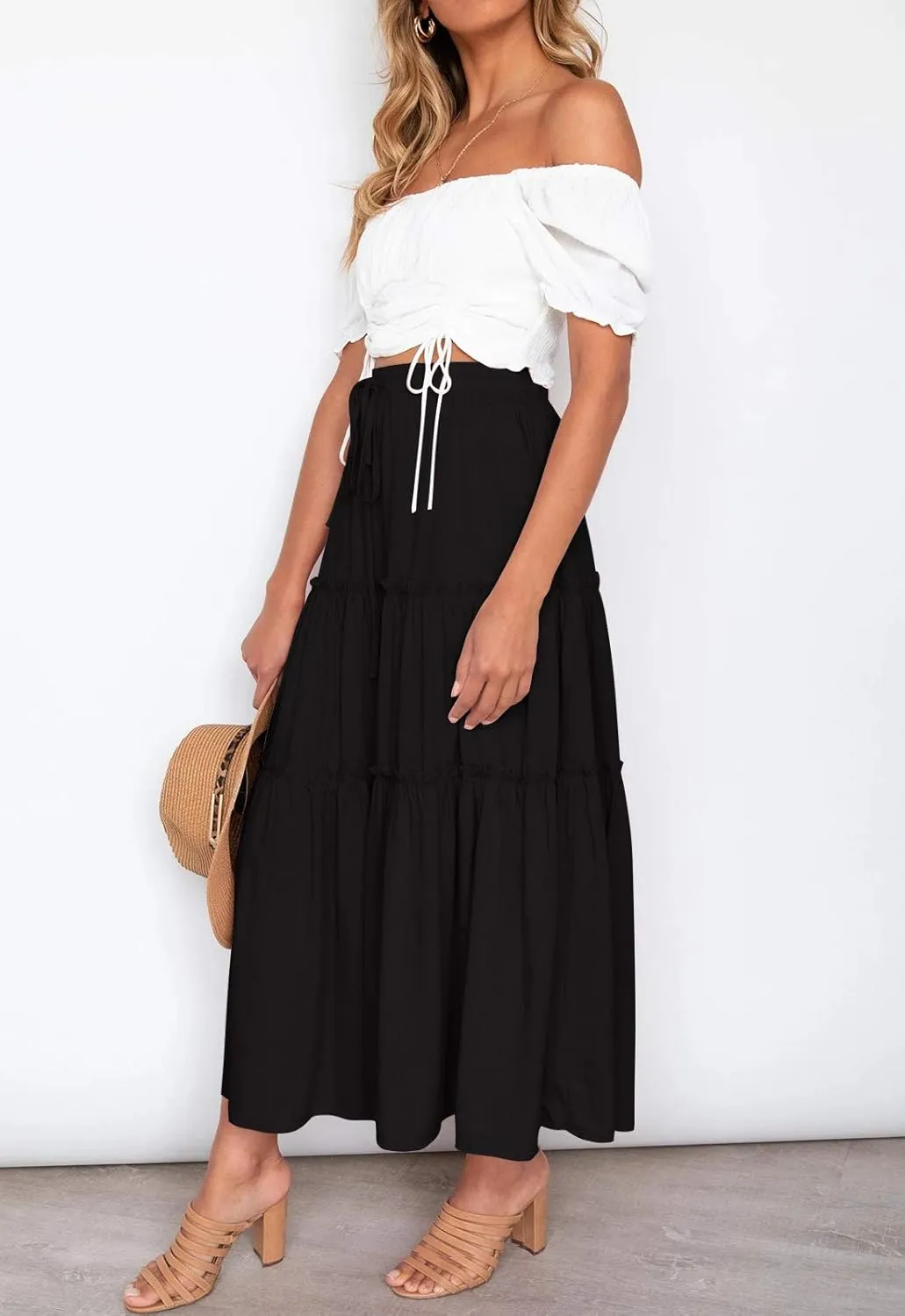 HAEOF Womens Summer Flowy Boho Midi Maxi Skirt Elastic High Waist A Line Pleated Tiered Trendy Beach Long Skirts with Pockets