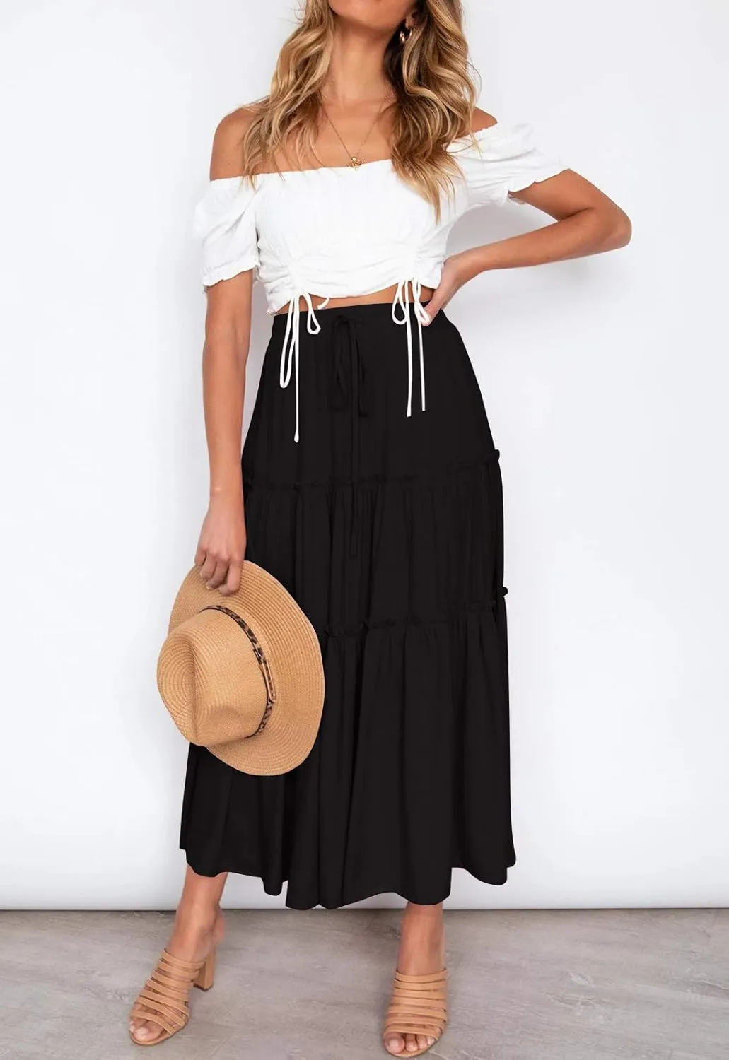 HAEOF Womens Summer Flowy Boho Midi Maxi Skirt Elastic High Waist A Line Pleated Tiered Trendy Beach Long Skirts with Pockets