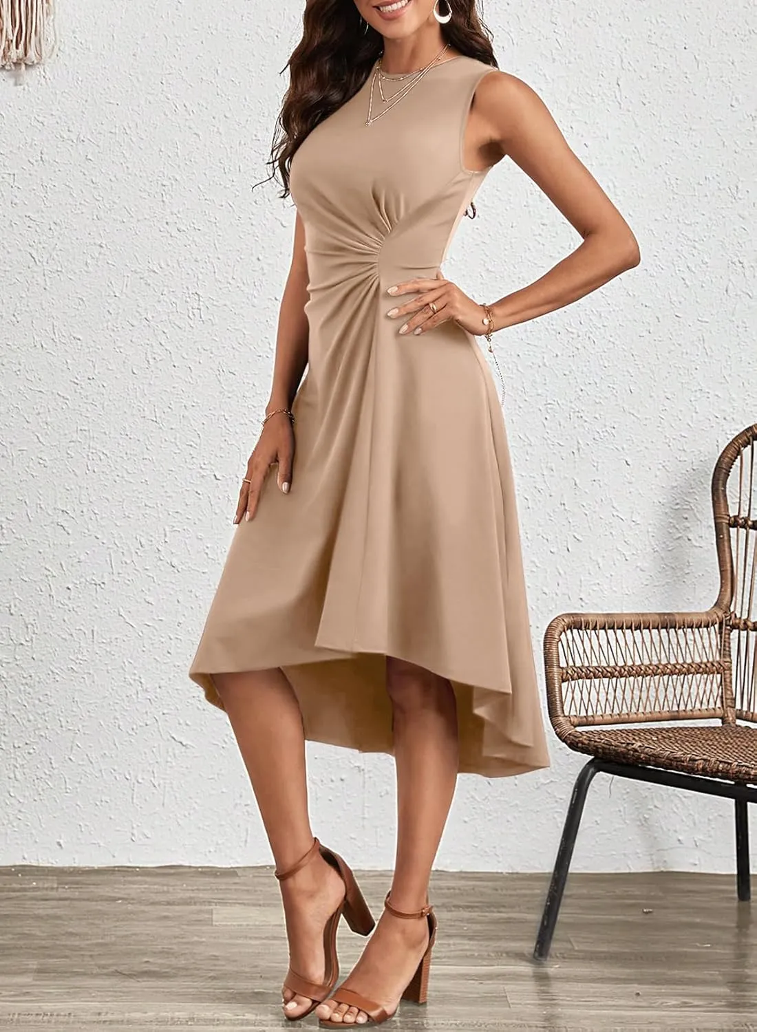 Happy Sailed Women's Summer Sleeveless Ruched Waist Flowy A Line High Low Midi Cocktail Party Dress