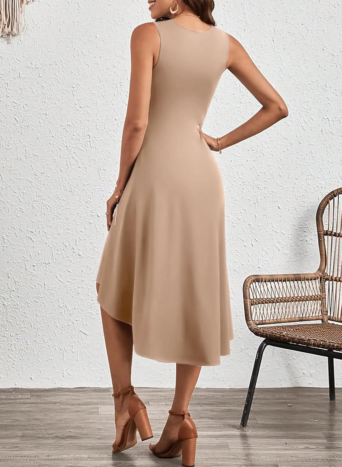 Happy Sailed Women's Summer Sleeveless Ruched Waist Flowy A Line High Low Midi Cocktail Party Dress