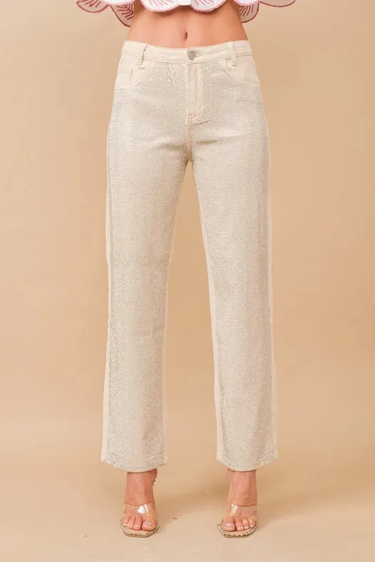 High Rise Rhinestone Suds At Front Denim Jeans Ivory