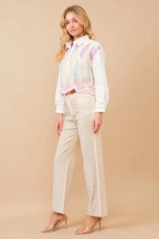 High Rise Rhinestone Suds At Front Denim Jeans Ivory