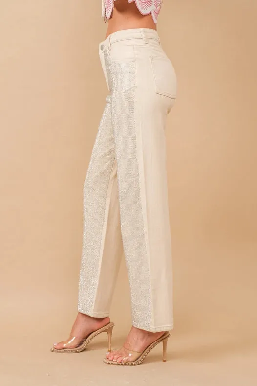 High Rise Rhinestone Suds At Front Denim Jeans Ivory
