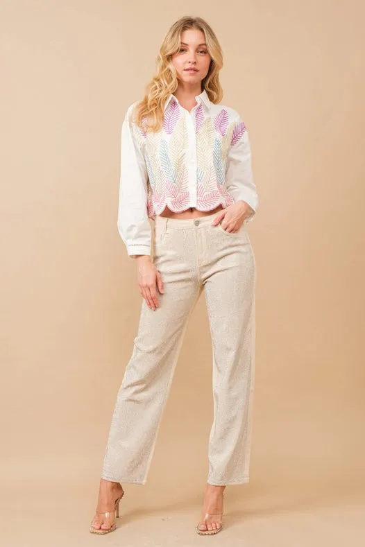 High Rise Rhinestone Suds At Front Denim Jeans Ivory