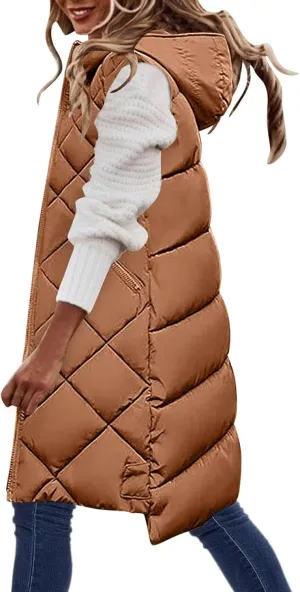 hlysgo Women'S Long Quilted Vest Sleeveless Maxi Length Puffer Vest Zipper & Button Up Casual Down Coat Winter Outerwear