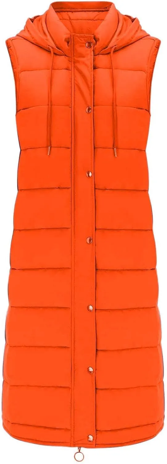hlysgo Women'S Long Quilted Vest Sleeveless Maxi Length Puffer Vest Zipper & Button Up Casual Down Coat Winter Outerwear