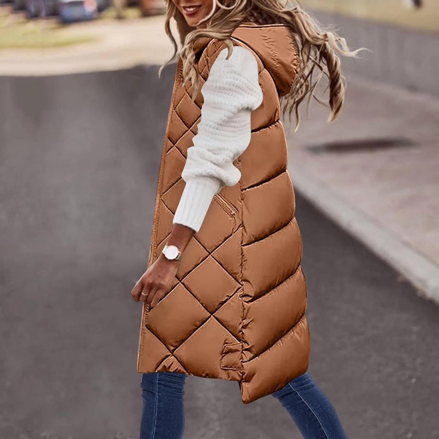 hlysgo Women'S Long Quilted Vest Sleeveless Maxi Length Puffer Vest Zipper & Button Up Casual Down Coat Winter Outerwear