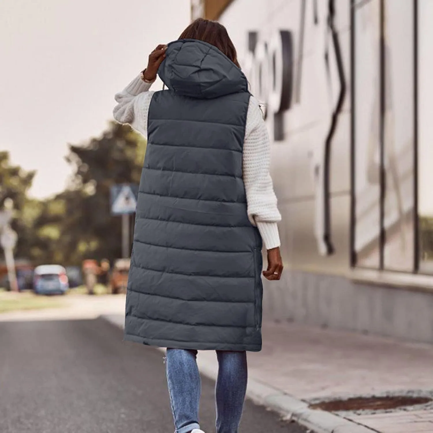 hlysgo Women'S Long Quilted Vest Sleeveless Maxi Length Puffer Vest Zipper & Button Up Casual Down Coat Winter Outerwear