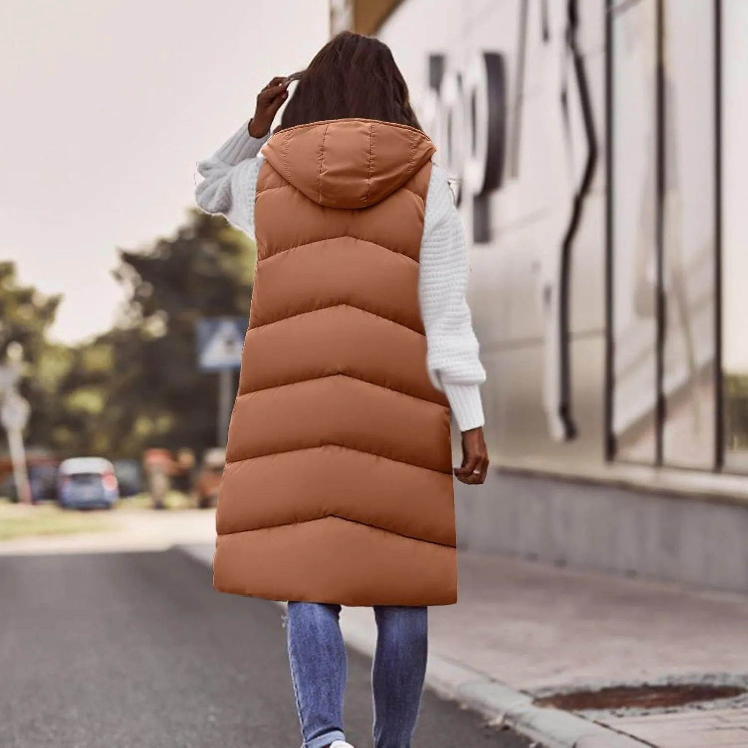hlysgo Women'S Long Quilted Vest Sleeveless Maxi Length Puffer Vest Zipper & Button Up Casual Down Coat Winter Outerwear