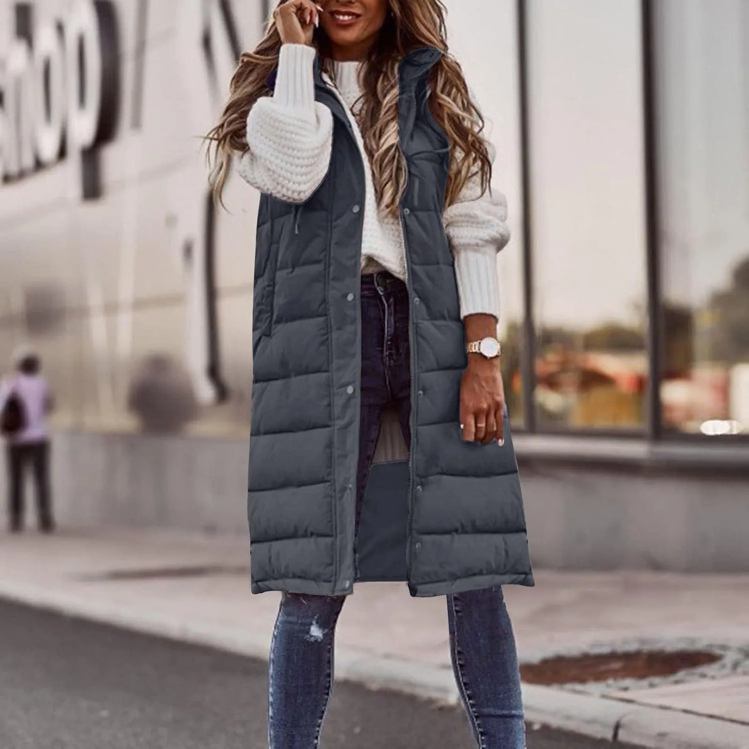 hlysgo Women'S Long Quilted Vest Sleeveless Maxi Length Puffer Vest Zipper & Button Up Casual Down Coat Winter Outerwear