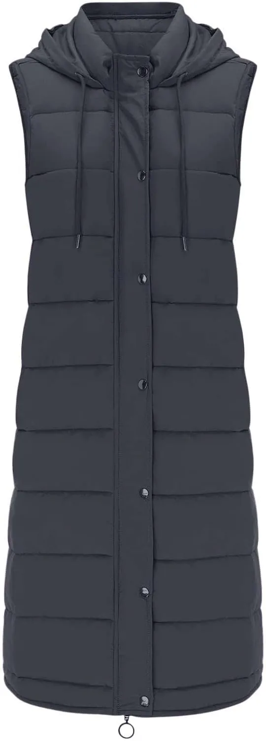 hlysgo Women'S Long Quilted Vest Sleeveless Maxi Length Puffer Vest Zipper & Button Up Casual Down Coat Winter Outerwear