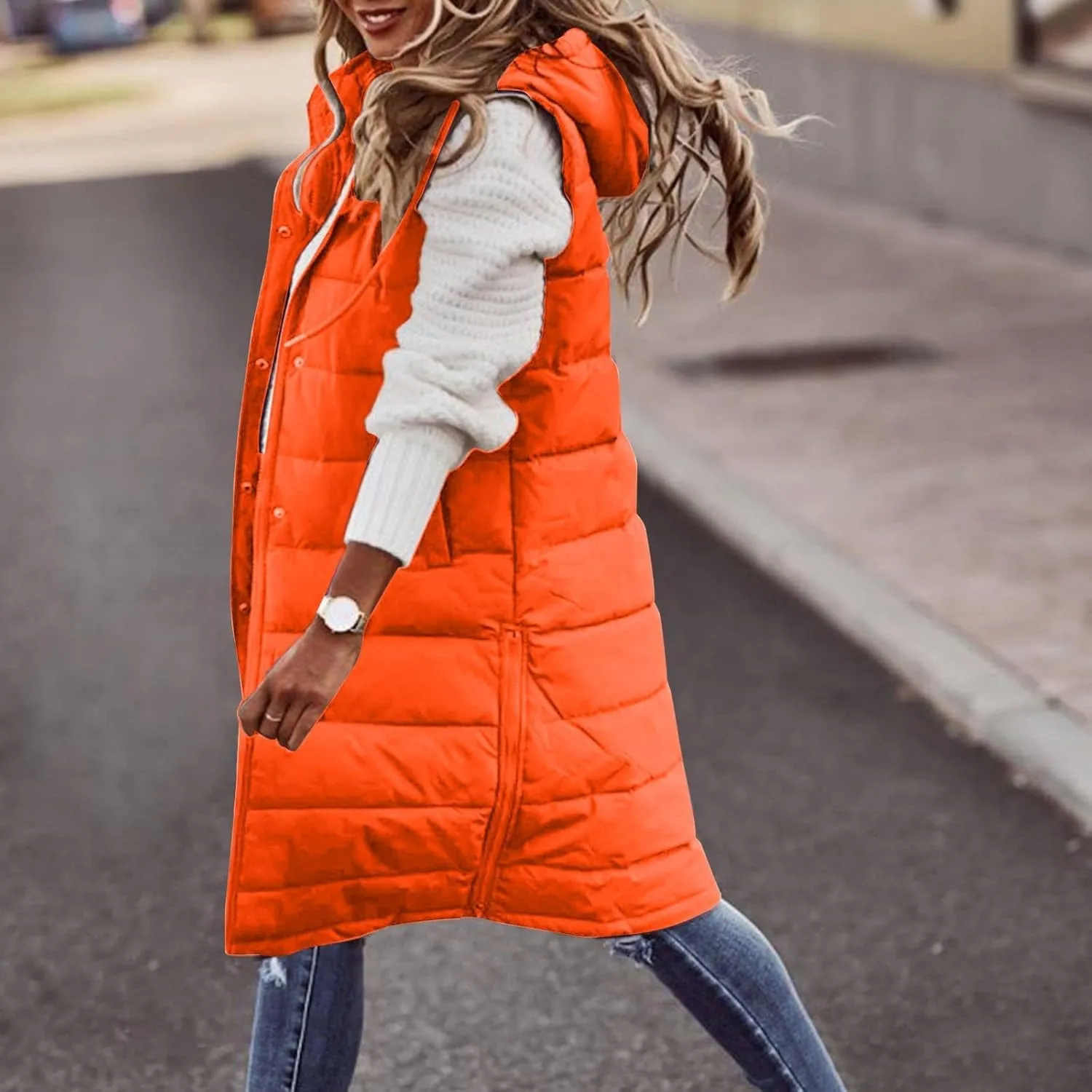 hlysgo Women'S Long Quilted Vest Sleeveless Maxi Length Puffer Vest Zipper & Button Up Casual Down Coat Winter Outerwear