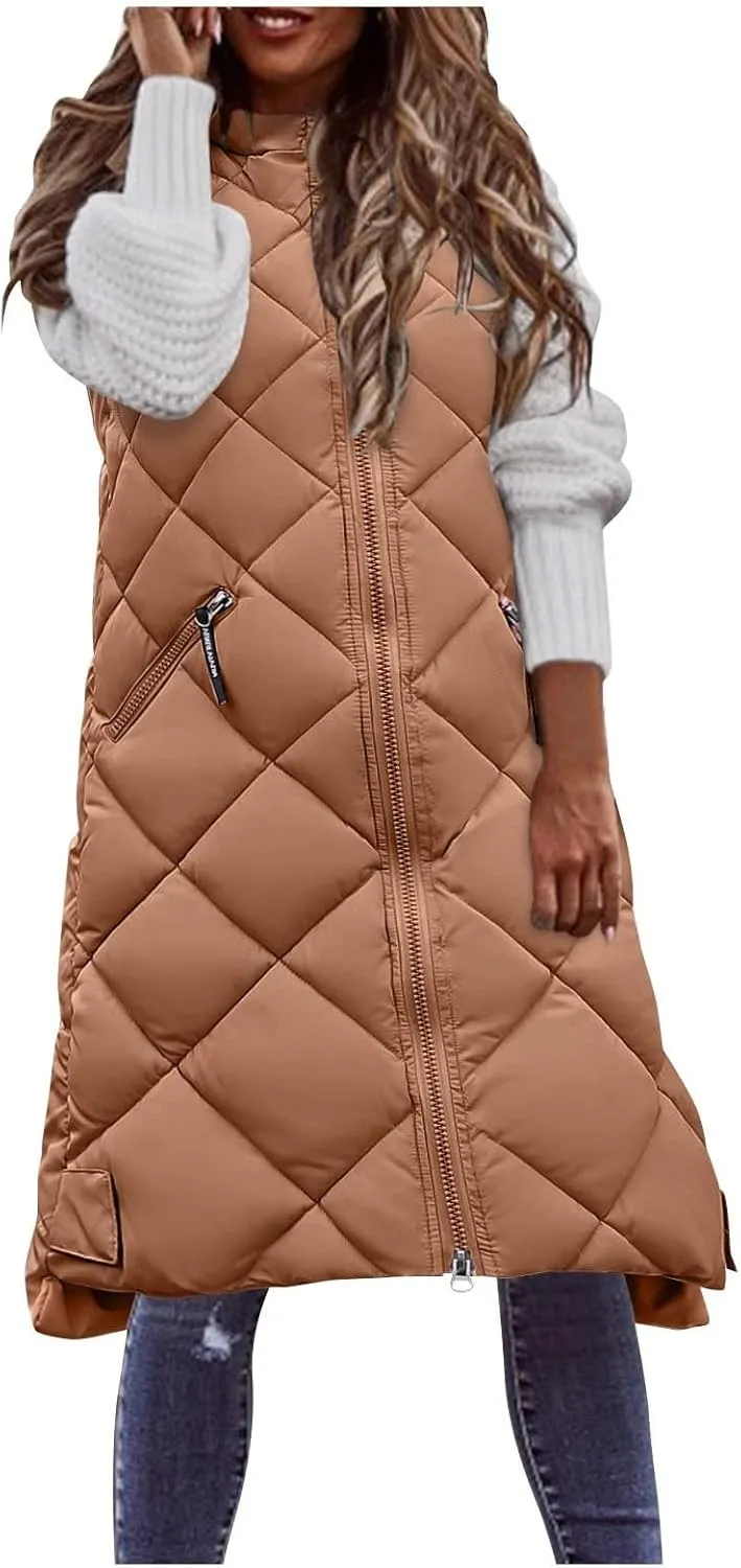 hlysgo Women'S Long Quilted Vest Sleeveless Maxi Length Puffer Vest Zipper & Button Up Casual Down Coat Winter Outerwear