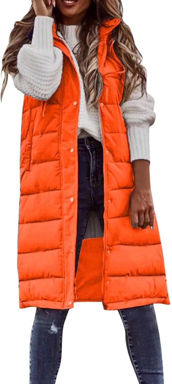 hlysgo Women'S Long Quilted Vest Sleeveless Maxi Length Puffer Vest Zipper & Button Up Casual Down Coat Winter Outerwear
