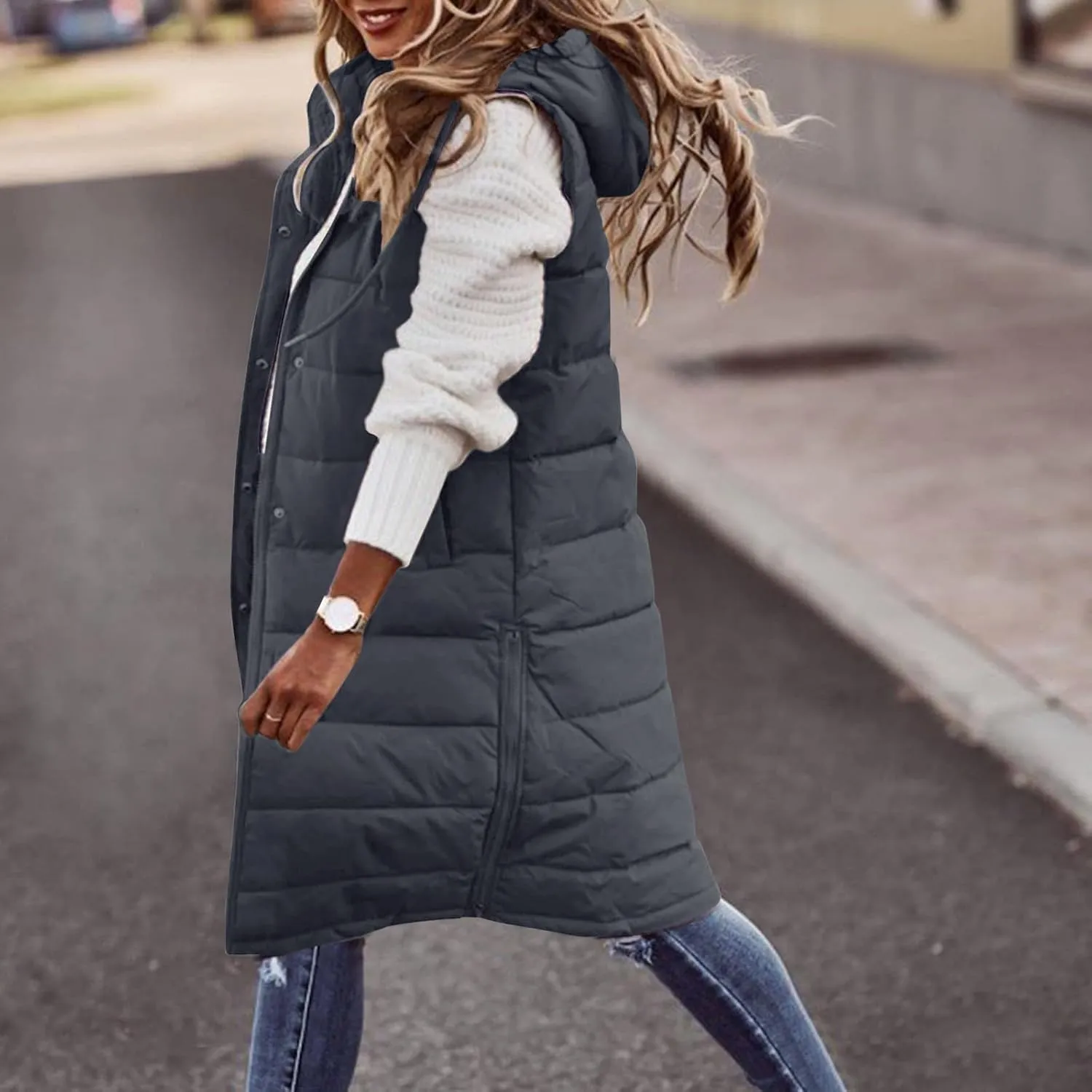 hlysgo Women'S Long Quilted Vest Sleeveless Maxi Length Puffer Vest Zipper & Button Up Casual Down Coat Winter Outerwear