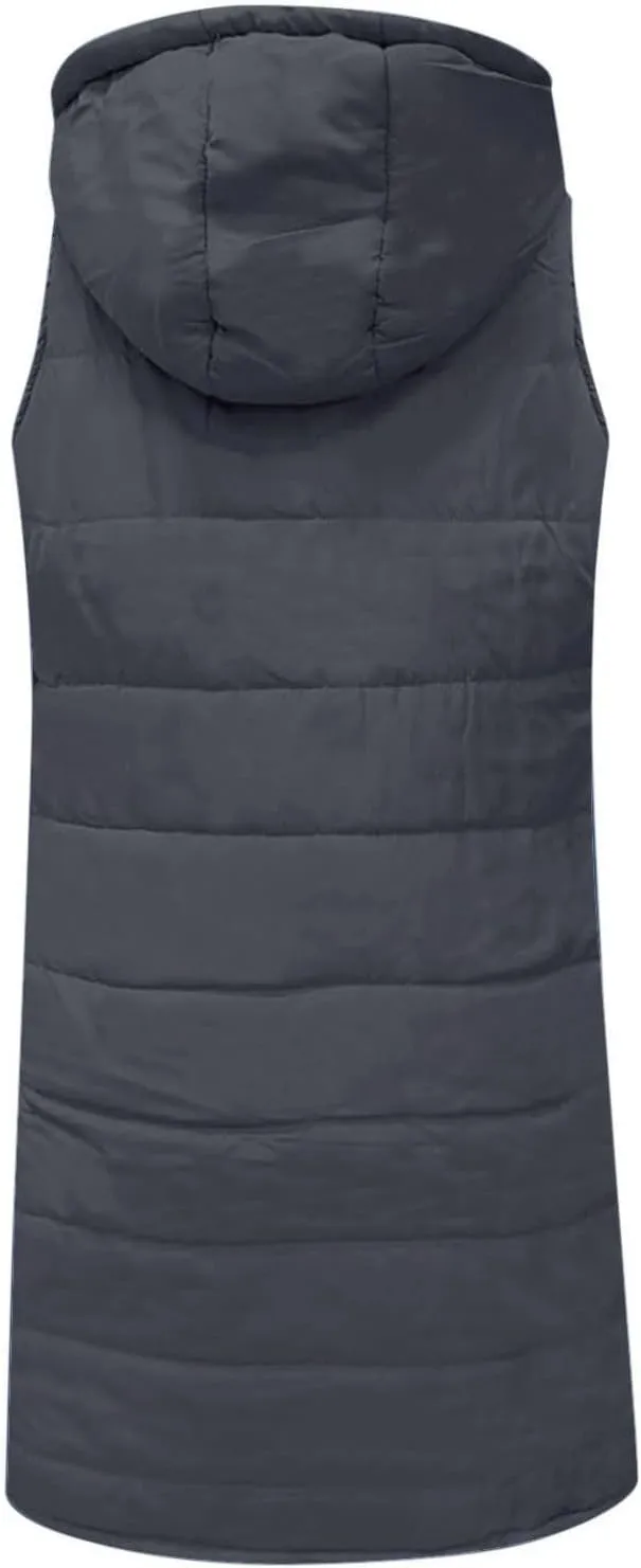 hlysgo Women'S Long Quilted Vest Sleeveless Maxi Length Puffer Vest Zipper & Button Up Casual Down Coat Winter Outerwear