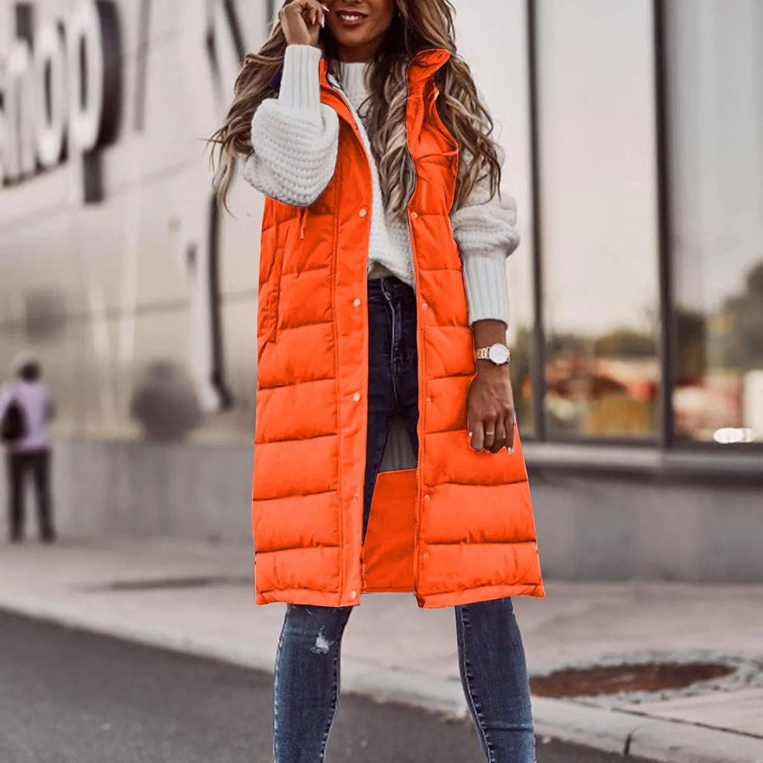 hlysgo Women'S Long Quilted Vest Sleeveless Maxi Length Puffer Vest Zipper & Button Up Casual Down Coat Winter Outerwear