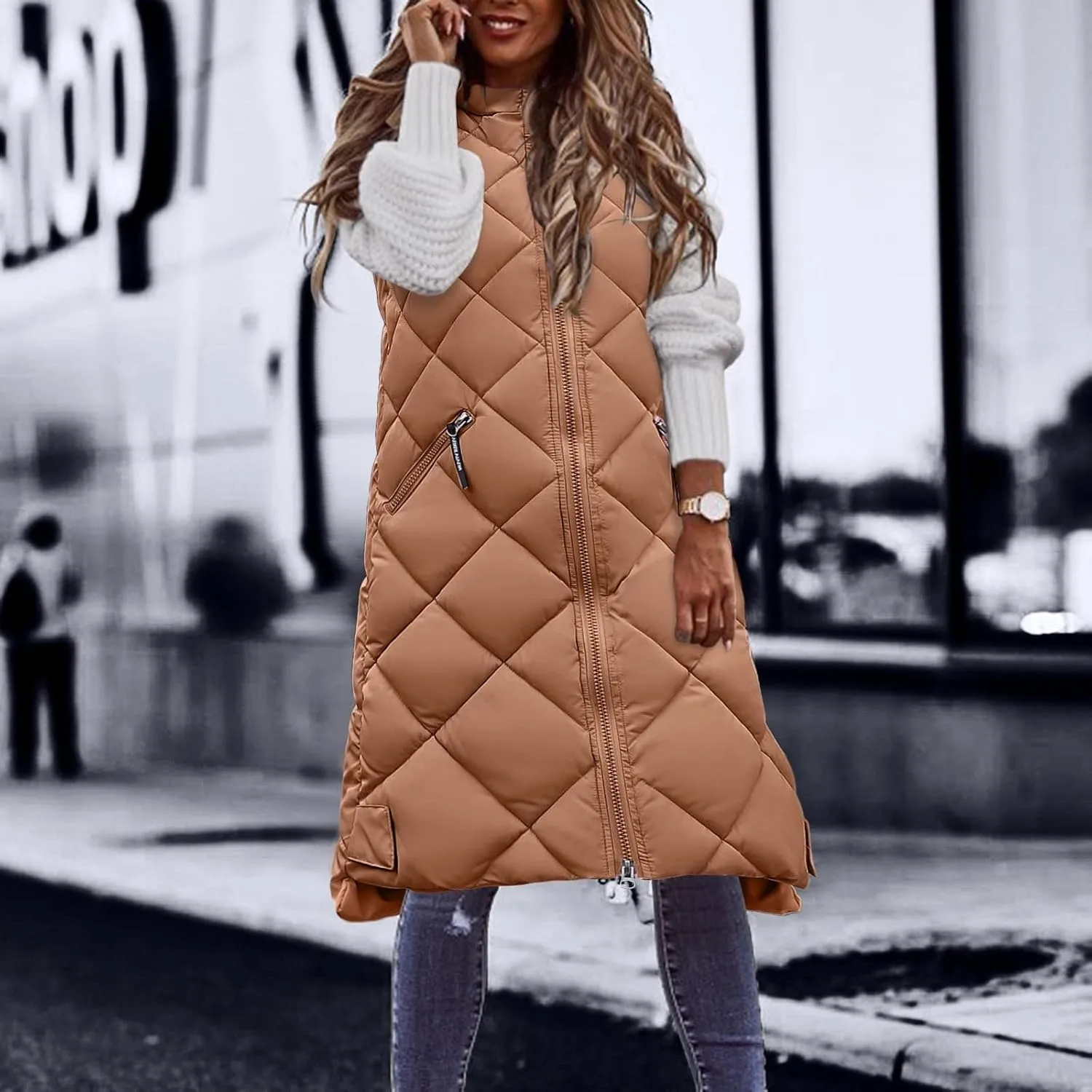 hlysgo Women'S Long Quilted Vest Sleeveless Maxi Length Puffer Vest Zipper & Button Up Casual Down Coat Winter Outerwear