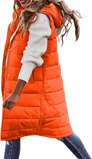 hlysgo Women'S Long Quilted Vest Sleeveless Maxi Length Puffer Vest Zipper & Button Up Casual Down Coat Winter Outerwear
