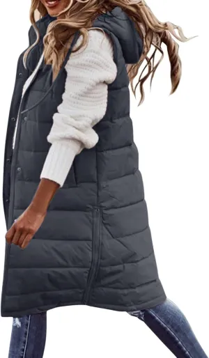 hlysgo Women'S Long Quilted Vest Sleeveless Maxi Length Puffer Vest Zipper & Button Up Casual Down Coat Winter Outerwear