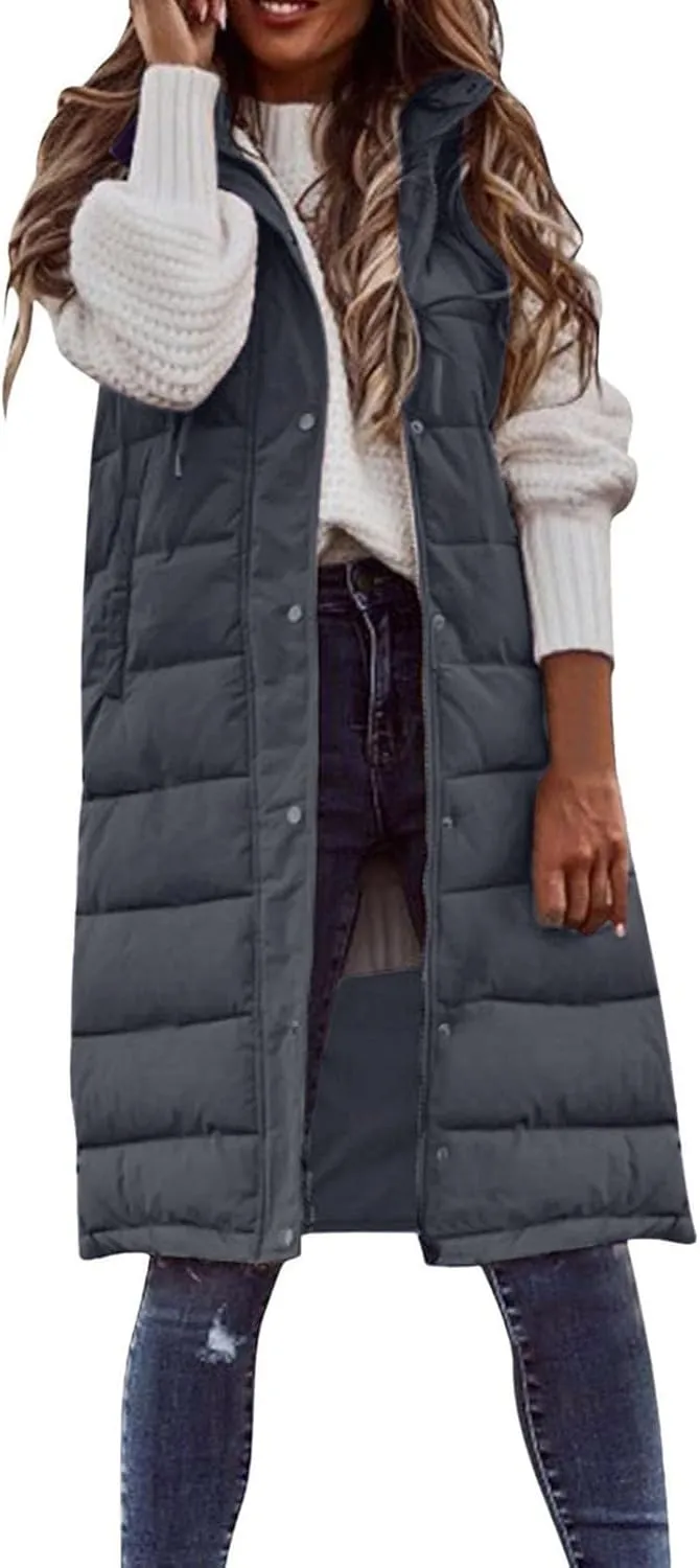 hlysgo Women'S Long Quilted Vest Sleeveless Maxi Length Puffer Vest Zipper & Button Up Casual Down Coat Winter Outerwear